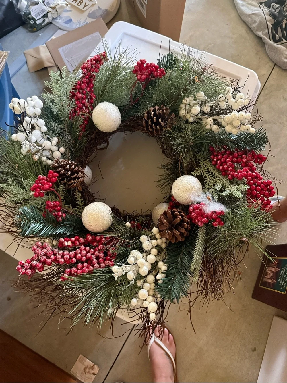 2 Festive Holiday Pine and Berry Wreath with Red & White Accents